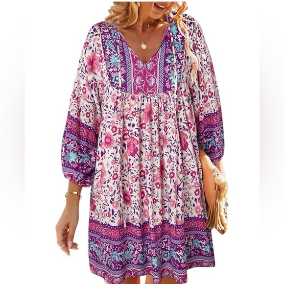 Temofon Boho Dress V-Neck Long Sleeve Printed Summer Floral Boho L Cottage Core - Picture 1 of 13